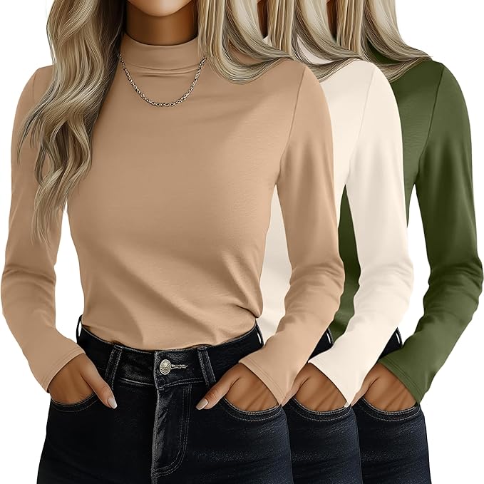 Ficerd 3 Pack Women's Mock Turtleneck Shirts, Long Sleeve Mock Neck Pullover Tops Slim Fitted Stretch Undershirt Tee Blouse