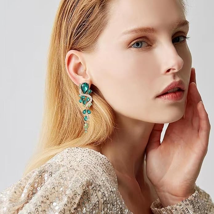 Fashion Rhinestone Statement Drop Dangle Earrings Long Colorful Crystal Bridal Wedding Teardrop Chandelier Earrings for Women Prom Pageant