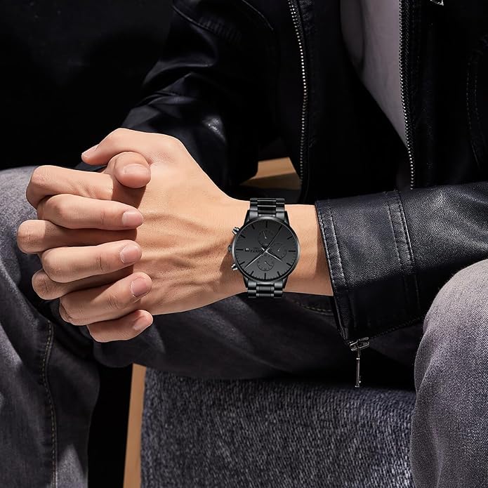 NIBOSI Men's Watches Analog Minimalist Black Dial Watches for Men Business Chronograph Military Casual Wrist Watches Stainless Steel Strap Date