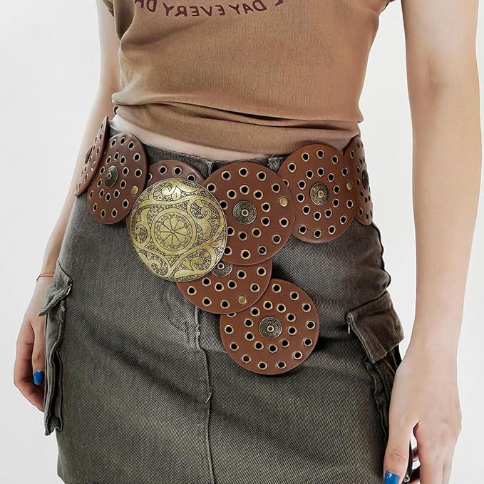 Hollow Wide Disc Belt for Women Concho Leather Metal Buckle Boho Belt Cowgirl Vintage Western Chunky Waist Belts