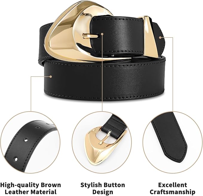 Women's Brown Belt Trend Belt with Gold Buckle Fashion Leather Waist Belt for Jeans Pants