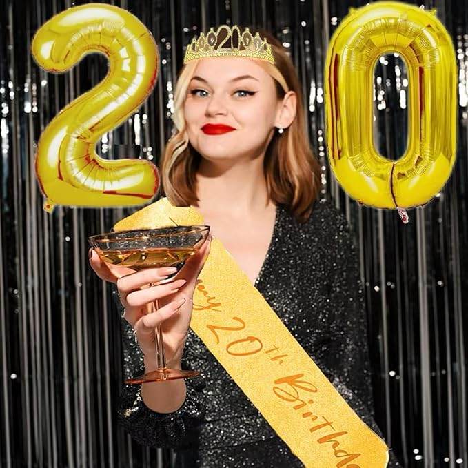 20th Birthday Decorations for Her Girls Set, Include 20th Birthday Crown and 20 Sash, 20th Birthday Cake Topper and 20 Birthday Candles, Gold 20 Balloons, Women 20th Party Supplies(Gold)