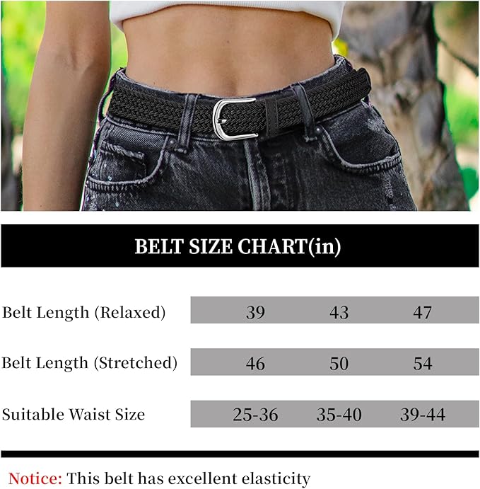 2 Pack Braided Belt for Women, Elastic Woven Stretch Fabric Cloth Belt with Gold Buckle