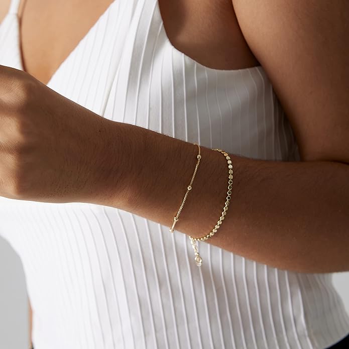 MIDEEO Bracelets for Women Dainty Layered Herringbone Twisted Rope Chain Bracelets Set Layering Dot CZ Leave Beaded Bracelets Dainty Cubic Zirconia Tennis Chain Bracelet Jewelry Gifts