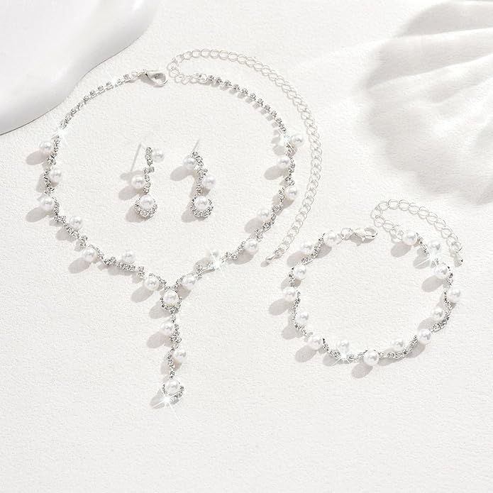 Wedding Jewelry Sets for Brides Silver Rhinestone Necklaces Earring Bracelet Set Wedding Sets for Women Prom Jewelry Sets for Women