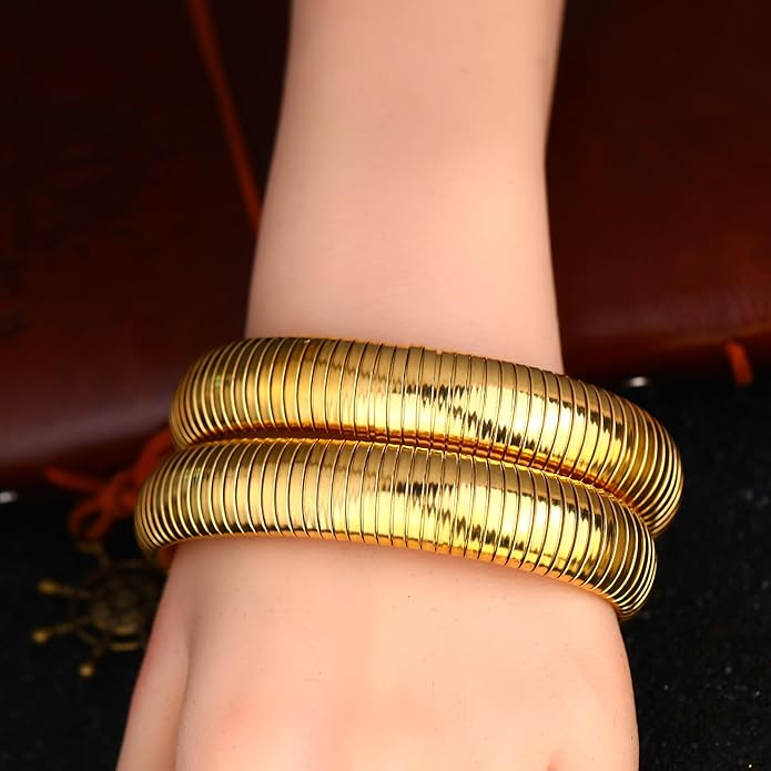 MISS RIGHT Gold Chunky Stretch Snake Chain Bangle Bracelets Stack for Women Trendy, 18K Gold Filled Stainless Steel Stretchy Womens Stackable Wristband Bangles Bracelet Set
