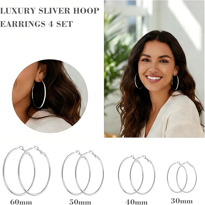 4/5/6 Pairs Stainless Steel 30/40/50/60/70 mm Silver 14K Gold Hoop Earrings for Women Hypoallergenic Big Thin Lightweight Dangle Set