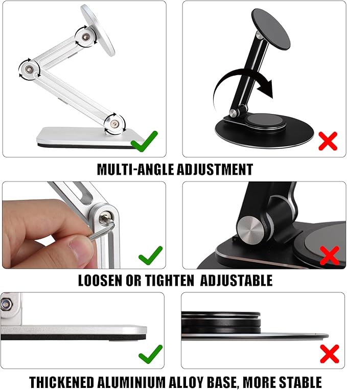 YUEFIEL Magsafe Phone Stand for Desk, Heightened & Adjustable & Foldable Metal Magnetic Phone Holder Stand for Desk/Office/Home, Compatible with iPhone 12-17All Series/Mag-Safe Case (Silver)