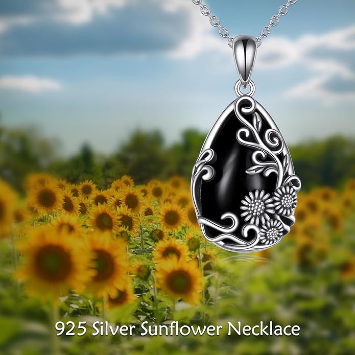 YFN Black Obsidian/Moonstone/Turquoise/Moss Agate Sunflower Filigree Teardrop Pendant Necklace Jewelry for Women - 925 Sterling Silver