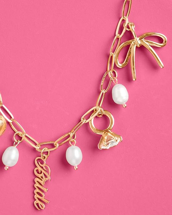 xo, Fetti Gold Bride Charm Necklace | Pearl Bachelorette Accessory, Rhinestone Bridal Jewelry, Bach Party Decorations, Bridesmaid Gift, Wedding Chain Choker