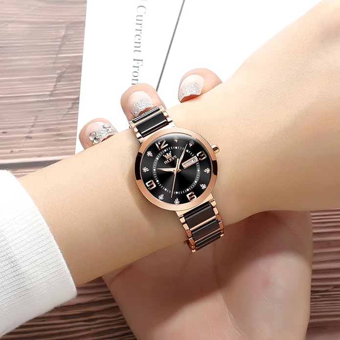 OLEVS Womens Ceramic Watch Luxury Shinning Diamond Rose Gold Watch for Women Analog Quartz Ladies Dress Watches Casual Waterproof Wrist Watches for Woman with Day Date Reloj para Mujer