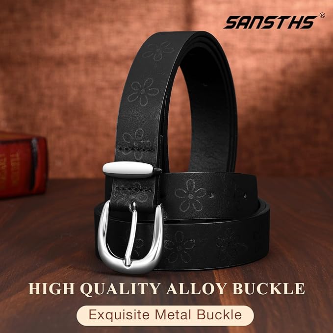 SANSTHS Womens Belt for Jeans Pants Dresses with Alloy Buckle, Floral Print Belt for Women with Unique Print Design