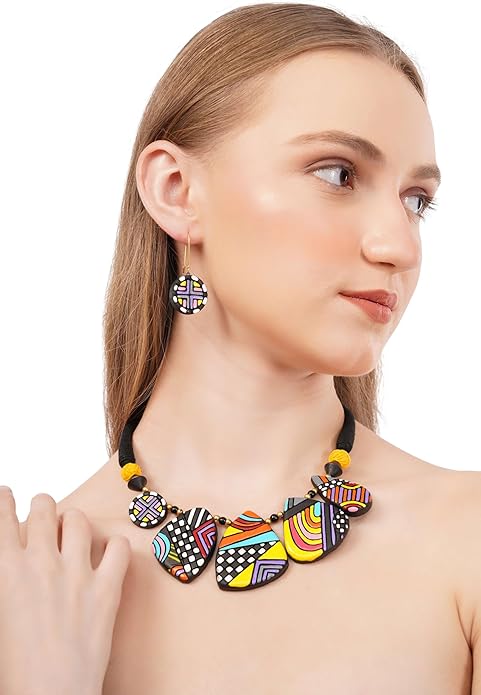Handmade Clay Necklace & Earring Set – Boho Brunch Terracotta Jewelry for Women, Artistic Statement Accessories, Festival Wear & Unique Handcrafted Gift Idea