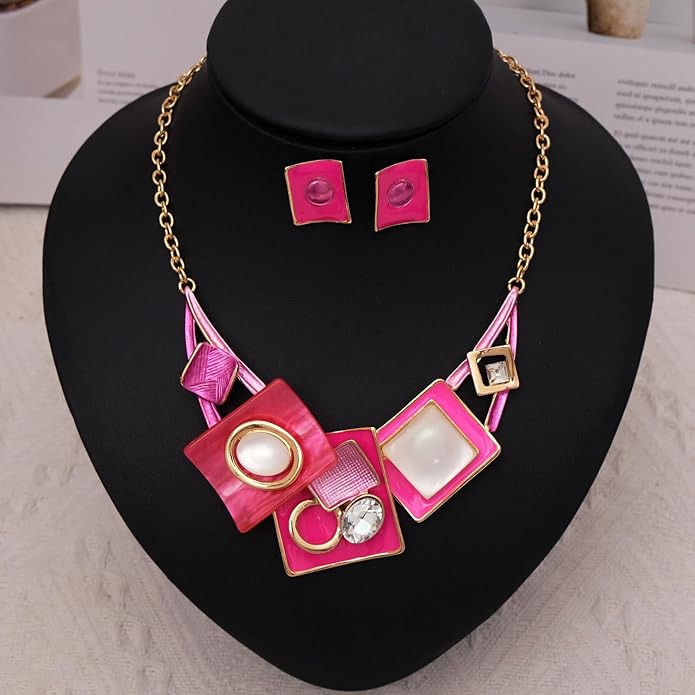CSY Fashion Boho Oval Crystal Opals Statement Bib Necklace Earrings Bohemian Enamel Costume Jewelry Set Gifts for Women