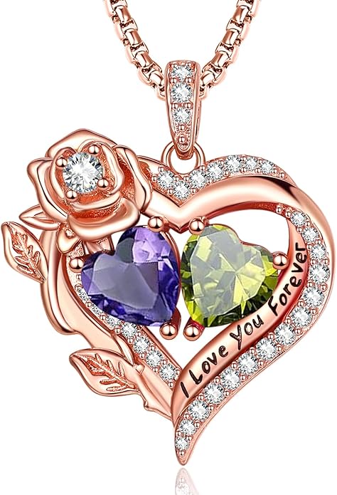 Rose Heart Necklaces for Women, Rose Gold Forever Love Jewelry with 2 Birthstones Pendant, Christmas Anniversarry Birthday Gifts for Her Wife Mom Grandma, 18+2 Inch Chain