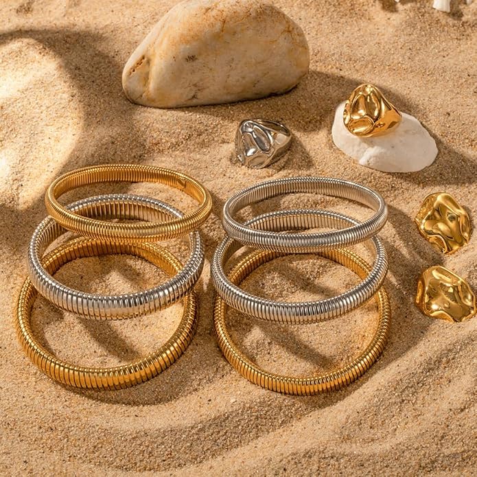 MISS RIGHT Gold Chunky Stretch Snake Chain Bangle Bracelets Stack for Women Trendy, 18K Gold Filled Stainless Steel Stretchy Womens Stackable Wristband Bangles Bracelet Set