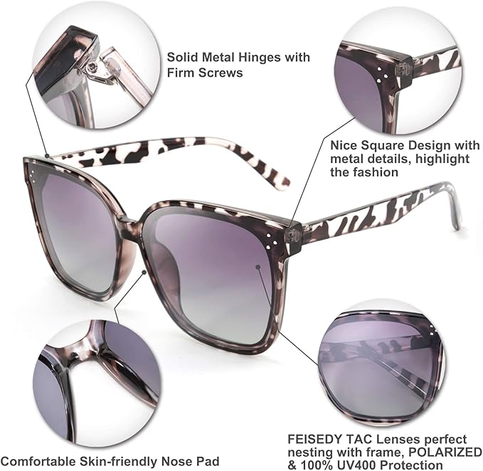 FEISEDY Oversized Polarized Sunglasses - UV400 Protection, Square Fashion Sun Glasses for Outdoor & Daily B2600