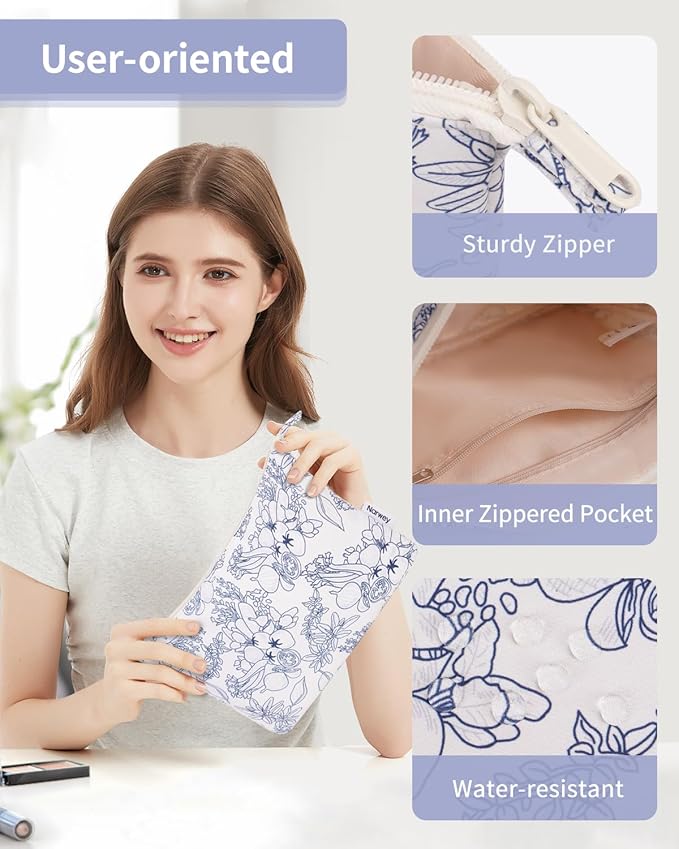 Narwey Small Makeup Bag for Purse Travel Makeup Pouch Cosmetic Bag Zipper Pouch Bags for Women (Navy Blue Flower)