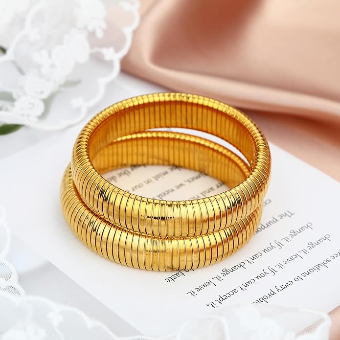 MISS RIGHT Gold Chunky Stretch Snake Chain Bangle Bracelets Stack for Women Trendy, 18K Gold Filled Stainless Steel Stretchy Womens Stackable Wristband Bangles Bracelet Set