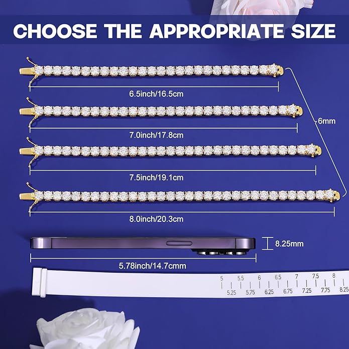 Moissanite Tennis Bracelet for Women Men White/Yellow Gold Plated S925 Sterling Silver D Color VVS1 Round Cut Moissanite Bracelets 2/3/4/5/6MM 6.5/7/7.5/8inch