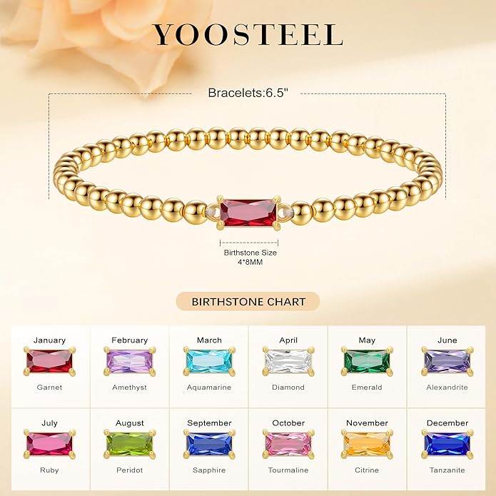 Yoosteel Dainty Birthstone Bracelet for Women - Elastic 14K-Gold-Plated Bead Bracelets Trendy Friendship Birthday Jewelry Gifts for Women