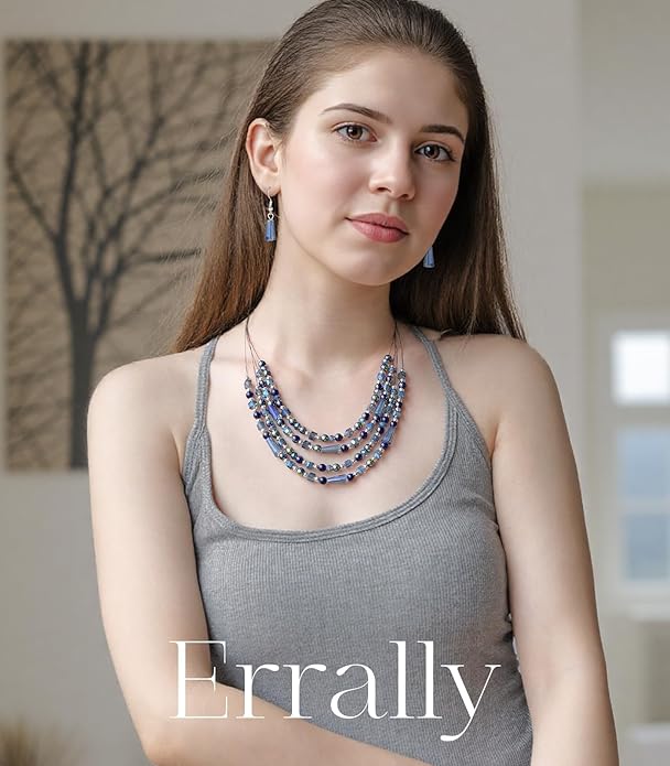 Layered Beaded Statement Necklace Multi Strand Crystal Beads Collar Necklace and Earring Sets for Women Fashion Costume Jewelry Set Gifts for Her