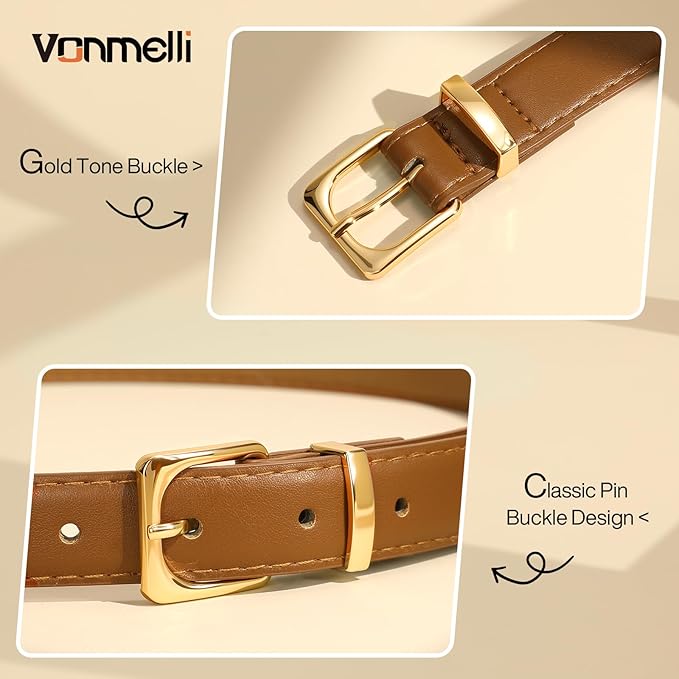 VONMELLI Womens Thin Leather Belt for Jeans Pants Dress Fashion Skinny Belt with Gold Buckle for Women