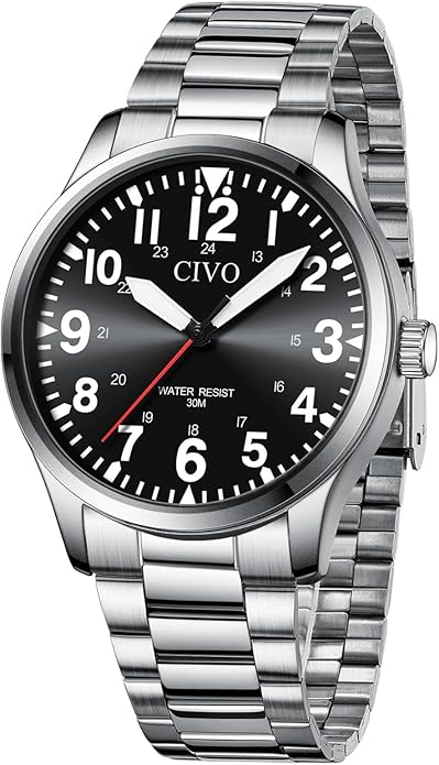 CIVO Analog Wrist Watches for Men: Waterproof Stainless Steel Mens Watches - Silver Watch with Easy Read Dial Men's Watch for Gift