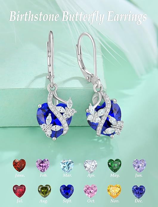 Butterfly Earrings for Women 925 Sterling Silver Heart Earring Birthstone Jewelry