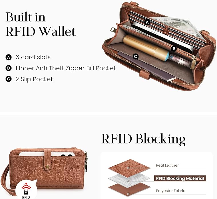 befen Leather Wristlet Wallet for Women Cell Phone Purse with Built in Wallet Vintage Leather Crossdody Bag Clutch Purse