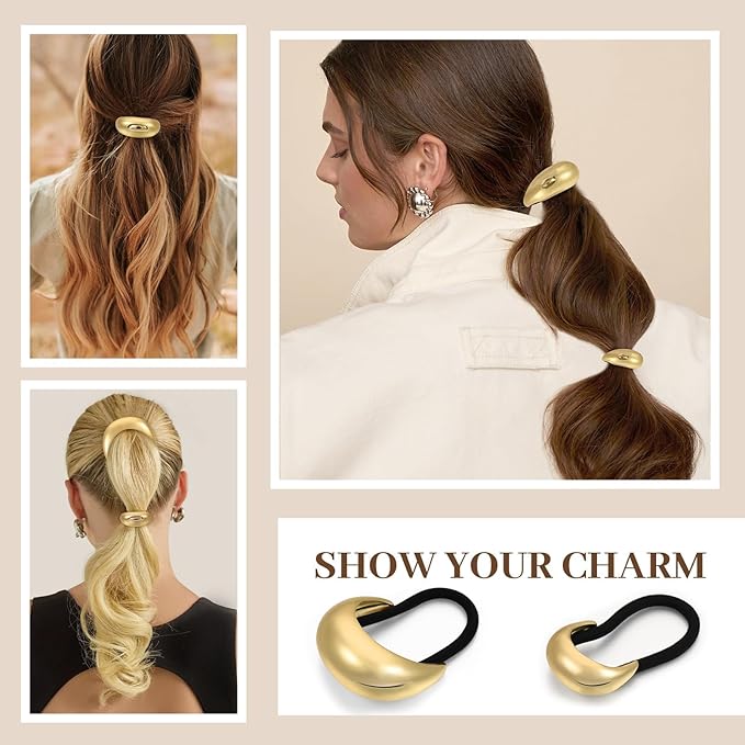 2PCS Gold Hair Ties for Women - Metal Hair Accessories for Thick Hair, Elegant and Durable Geometric Design, Ponytail Cuffs Stretchy Non-Damage Holiday Gifts