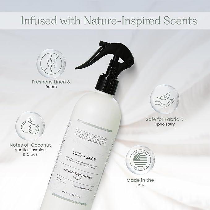 FIELD FLEUR Yuzu Sage Linen & Room Spray 15.5 oz - Aromatic & Refreshing Bedding & Fabric Mist - Air Freshener for Clothes & Sofas - Notes of Yuzu, Mandarin, Sage & Eucalyptus - Made in USA