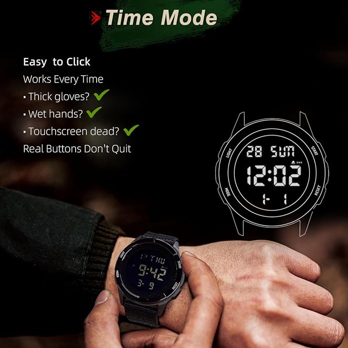 Digital Watch Military Watches for Men Black Tactical Sports Waterproof Men's Women's Wrist Watch with LED Backlight Nylon Band Stopwatch,Green
