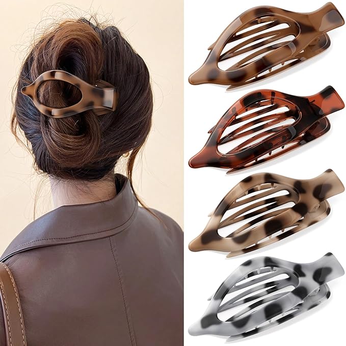 4 PCS Large Flat Hair Clips for Women Girls, French Concord Lay Down Claw Clips for Thick Thin Hair, Comfortable Curved Flat Clip, Leopard Print Strong Hold Hair Accessories, Tortoise Design