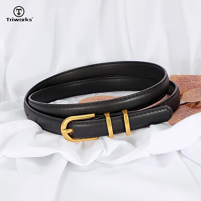 2 Pack Women Skinny Leather Belts for Jeans Pants Thin Faux Leather Belt with Gold Buckle