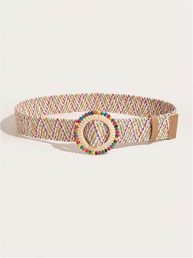 Verdusa Women's Western Belt Cowgirl Boho Straw Belts Round Buckle Elastic Waist Belt