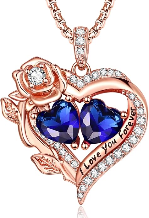 Rose Heart Necklaces for Women, Rose Gold Forever Love Jewelry with 2 Birthstones Pendant, Christmas Anniversarry Birthday Gifts for Her Wife Mom Grandma, 18+2 Inch Chain