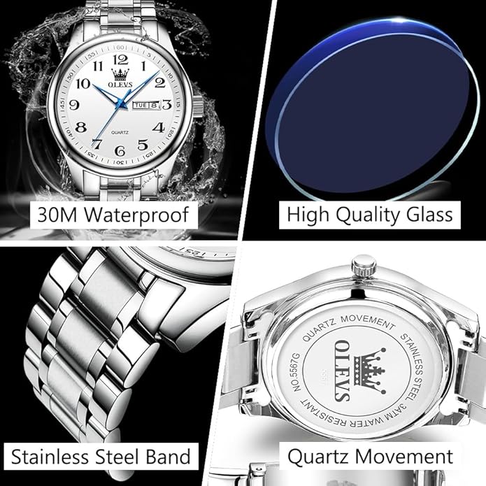 Men's Casual Stainless Steel Watch, Big Face Easy to Read Analog Quartz Watch with Day and Date, Classic Waterproof Diamond Roman Arabic Numerals Dial Dress Watch for Men, Gold Silver Black Band