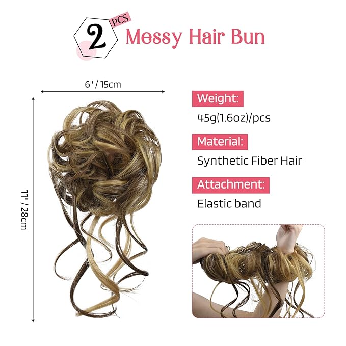 HOOJIH Messy Bun Hair Piece, 2PCS Tousled Updo with Tendrils Bun Extensions Wavy Curly Hair Wrap Ponytail Hairpieces Scrunchies for Women HB010 Dasiy - Medium Brown with Blonde Highlights