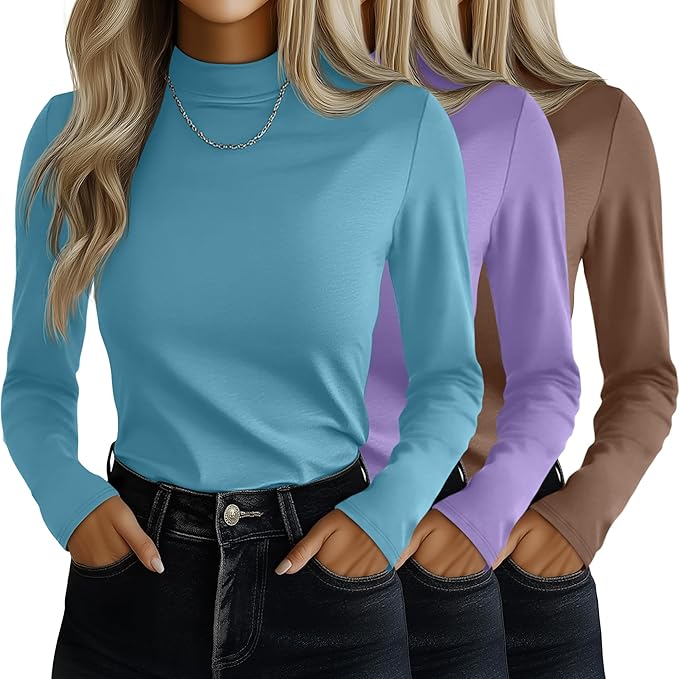 Ficerd 3 Pack Women's Mock Turtleneck Shirts, Long Sleeve Mock Neck Pullover Tops Slim Fitted Stretch Undershirt Tee Blouse