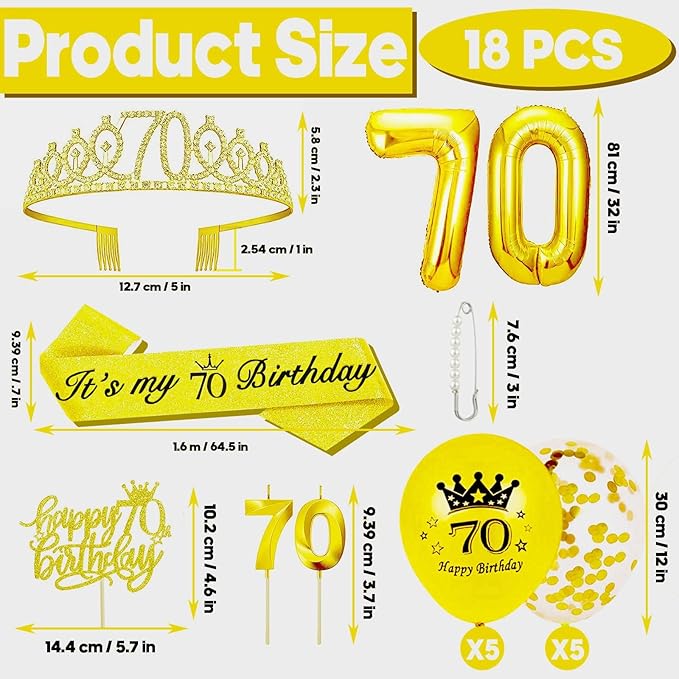 70th Birthday Decorations for Her Girls Set, Include 70th Birthday Crown and 70 Sash, 70th Birthday Cake Topper and 70 Birthday Candles, Gold 70 Balloons, Women 70th Party Supplies(Gold)