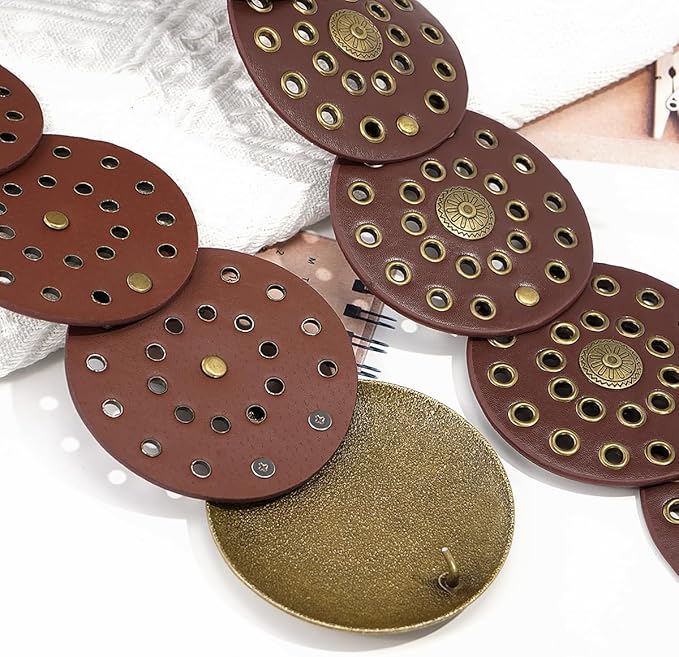 Wide Disc Belt for Women Vintage Hollow Boho Leather Belt Western Chunky Waist Belt Cowboy Metal Buckle Concho Belts