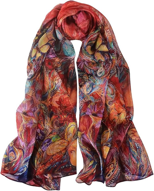 100% Mulberry Silk Women's Neck Silk Scarf-Lightweight Shawl,FLoral Print Beach Silk Wrap-Scarves for Photography