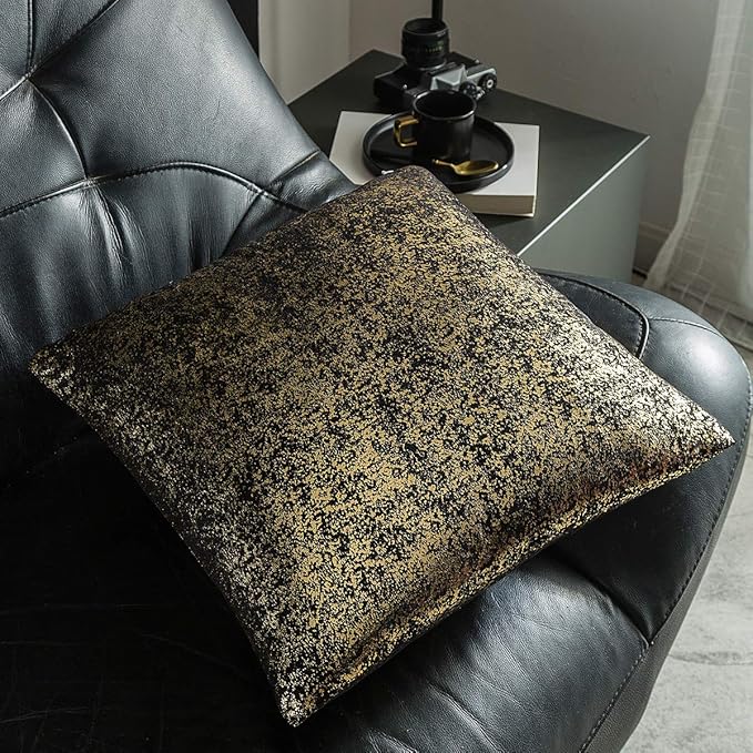 Xinrjojo Black and Gold Throw Pillows Pack of 2, Shimmery Pillow, Soft Sparkling Decorative Square Black Throw Pillow Covers Set 16 x 16 Inch, Cushion Pillowcases for Sofa Bedroom Car Bronzing