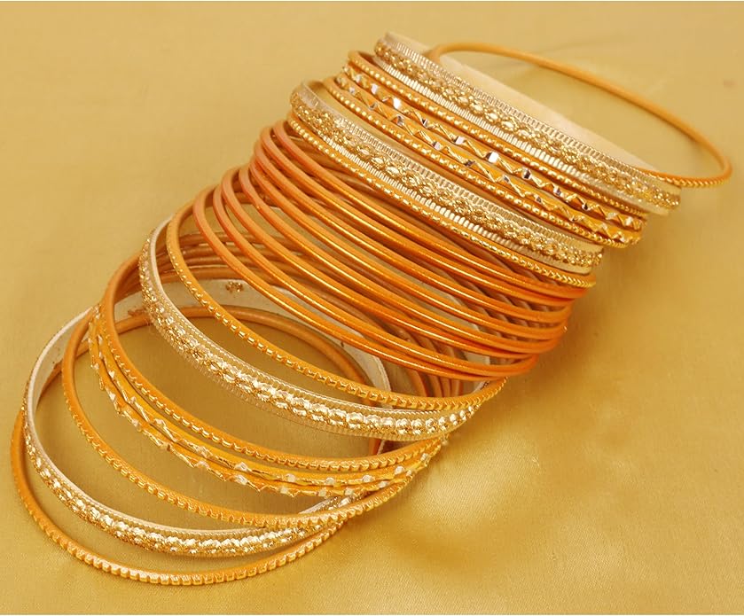 Touchstone Indian Metal Bangles for Women Gold Alloy Bracelets desi 2 Dozen Bangle Collection Bollywood Women's Jewelry Set Multi Stacking Wide Chunky Textured Golden Set of 24 in Gold or White Tone