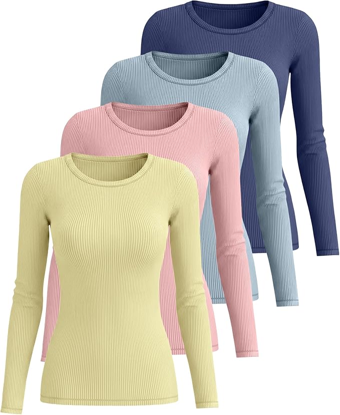 Neer 4 Pack Women's Ribbed Long Sleeve Shirts, Cotton Crew Neck Slim Fit Tops Stretch Knit Casual Base Layer Basic Tee Shirts