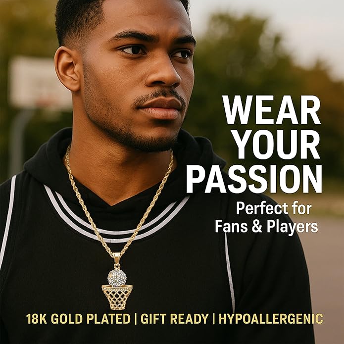 Basketball Necklace - 18K Plated Basketball Chain with Hoop for Men, Women, Teens - Gold, Silver & Black Color Options - Stainless Steel Sports Pendant with Simulated Diamond CZ Stones