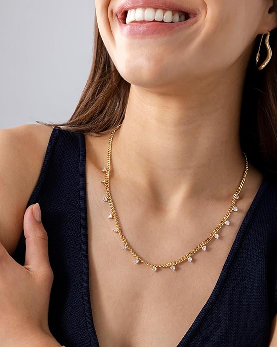 PAVOI 14K Gold Plated Station Necklace - Simulated Diamond Layering Necklaces - Womens CZ Chain