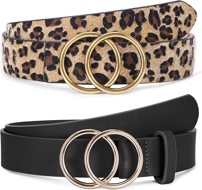 SUOSDEY Women Leather Belt Fashion Double O-Ring Soft Faux Leather Waist Belts For Jeans Dress