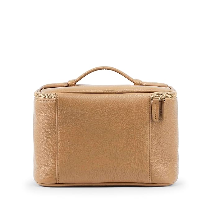 Leatherology Camel Small Train Case – Full-Grain Leather Travel Cosmetic Bag with Water-Resistant Lining, Zippered & Open Pockets, Compact Beauty Organizer